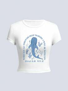 Summer New Simple Fashion Mantra Blue Whale Shark Print Y2K Casual Round Neck Short Sleeve Waist T-Shirt, Fashionable & Versatile Women Top - White - View 3