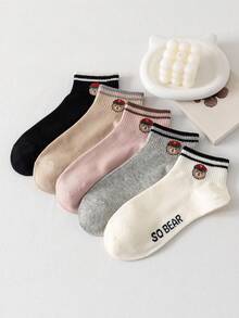 5 Pairs Women's Cute Cartoon Bear Print Socks, Breathable, Versatile Short Socks, Minimalist Japanese Style - Multicolor - View 3