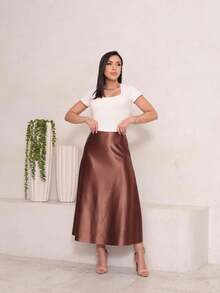 Women's Skirt, Formal Skirt, A-Line Satin Midi Skirt, Elegant Skirt, Stylish, Asymmetrical. - 鏽棕色 - 查看 2
