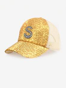 1pc Adult Gold Faux Crystal Rhinestone Letter Decor Trucker Hat, 26 Letters Available, Fashionable Breathable Lightweight Sun Visor Mesh Cap, Suitable For Men & Women, Spring/Summer Daily Commute, Outdoor Hiking, Camping, Gift - Gold - View 19