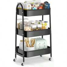 3-Tier Utility Rolling Cart With Handle And Lockable Wheels, Metal Storage Organizer With Mesh Baskets For Kitchen, Living Room, Office, And Garage (Black) - Black + Normal - View 1