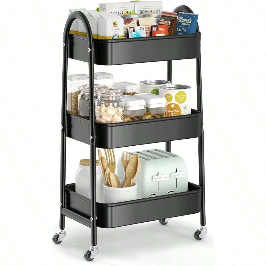 3-Tier Utility Rolling Cart With Handle And Lockable Wheels, Metal Storage Organizer With Mesh Baskets For Kitchen, Living Room, Office, And Garage (Black) - Black + Normal - View 1