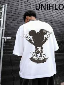 Disney UNIHLO  Street Life Men's Casual Loose  Mickey  Cartoon  Print Short Sleeve T-ShirtSummer - 白色 - 查看 3