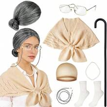 Old Lady Wig Costume Women, Gray Hair Grandma Wig, Granny Cosplay Accessories Set Days Of School Costume - Xám - Xem 2