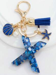 1PC Boho Nautical 26-Letter Resin Keychain - Blue & Golden Initial Pendant With Starfish/Shell/Tassel Charms, Fashionable Key Ring & Couple Bag/Backpack/Beach Bag Charm, Ideal Holiday Gift For Valentine's Day/Birthdays/Parties - Royal Blue - View 17
