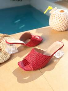 Women's Transparent High Heel Sandals, Fluffy Faux Fur Beach Slippers, Outdoor Fashion Breathable Textured High Heels, Multi-Color - Red - View 3