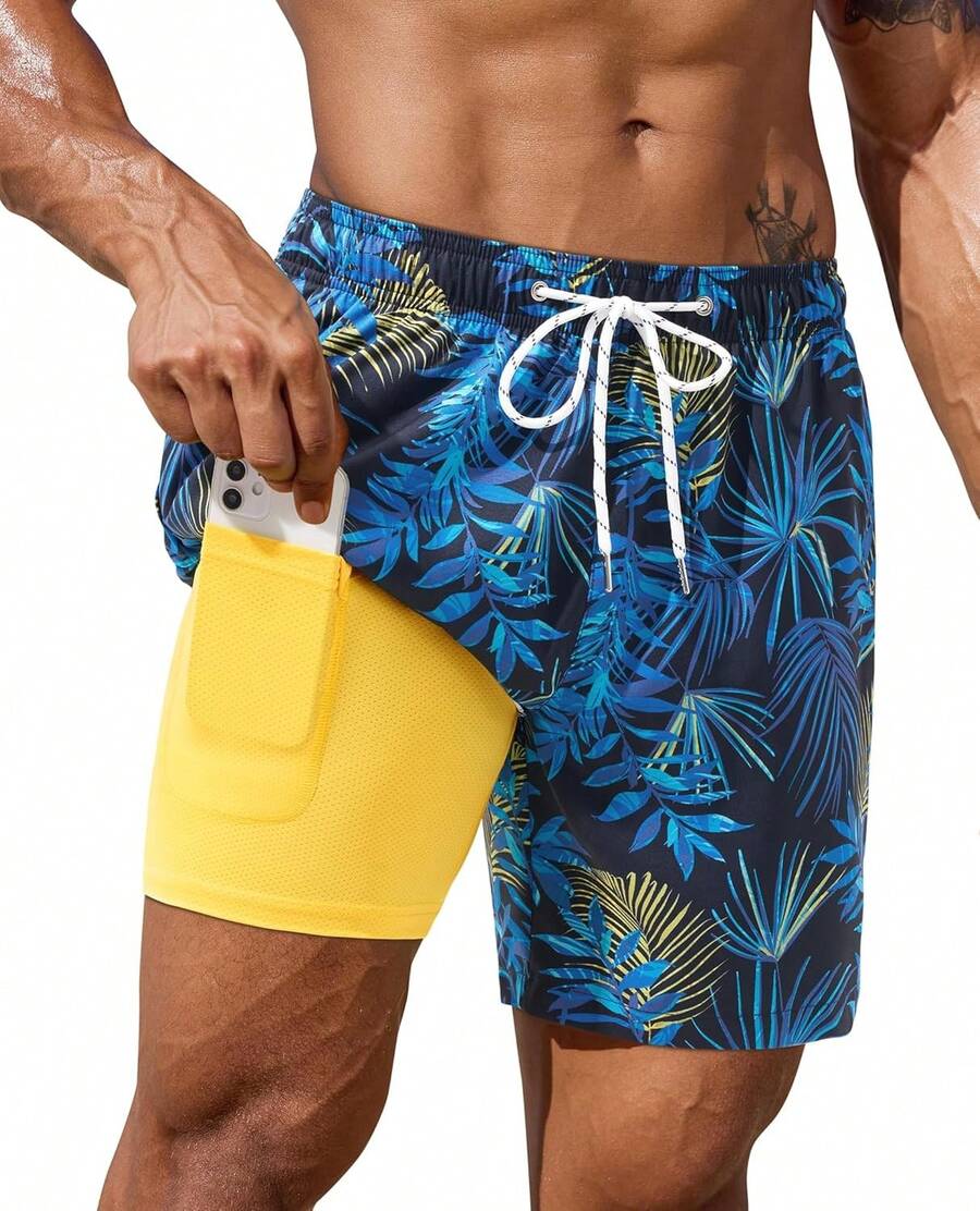 7inch Mens Swim Trunks: With Compression Liner Zipper Pocket Drawstring Quick Dry Stretch Lined Tree Beach PoolA Valentine's Day EEC3 - Blue Gold Leaf - View 1