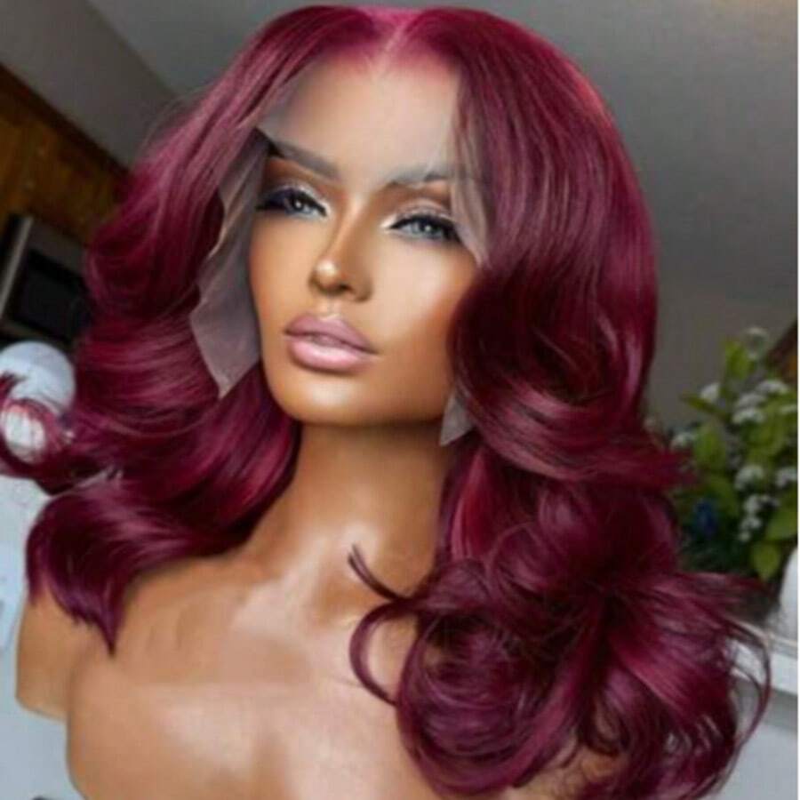 10-36Inch 13x4 HD Lace 180% Density Closure Wigs Human Blended Hair Glueless Wigs Human Blended Hair Pre Plucked Body Wave Closure Wig Brazilian Human Blended Hair Wigs For Women 13X4 Lace Wig 99J Burgundy - S99J/BUG - View 1