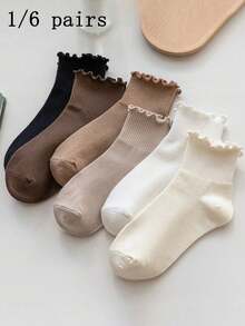 6 Pairs Women's Ruffle Trim Solid Color Socks, Soft & Comfortable, Suitable For Daily, Holiday, Outdoor Wear, All Seasons, Fall - Type a - View 5