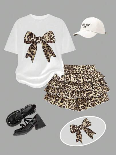 2pcs/Set Tween GirlsSummer Short Sleeve T-Shirt And Skort, Bow Tie & Leopard Print, Round Neck, Fashion Sweet Cake Skort, Vacation Outfit, Cute & Stylish