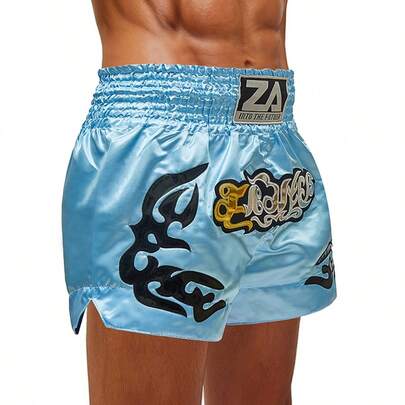 1 Pair Men's Boxing Shorts With Black Floral Embroidery Pattern, Made Of Durable Anti-Pilling Fabric, Suitable For Combat Sports Like Boxing, Muay Thai