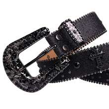 Men's Rhinestone Leather Belt, Women's Fashion Western Cowgirl Punk Rhinestone Decor Leather Belt With Rhinestone Design, For Jeans, Street, Sexy Party, Retro, PU Leather Summer, School Fall, Autumn, Halloween - 黑色 - 查看 4