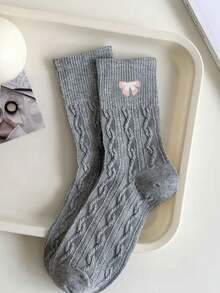 1/5 Pair Women Cute Bow Tie Mid-Calf Socks, Minimalist Japanese Style Twist Pattern Ins Preppy Style Ladies Socks - Multicolor - View 7