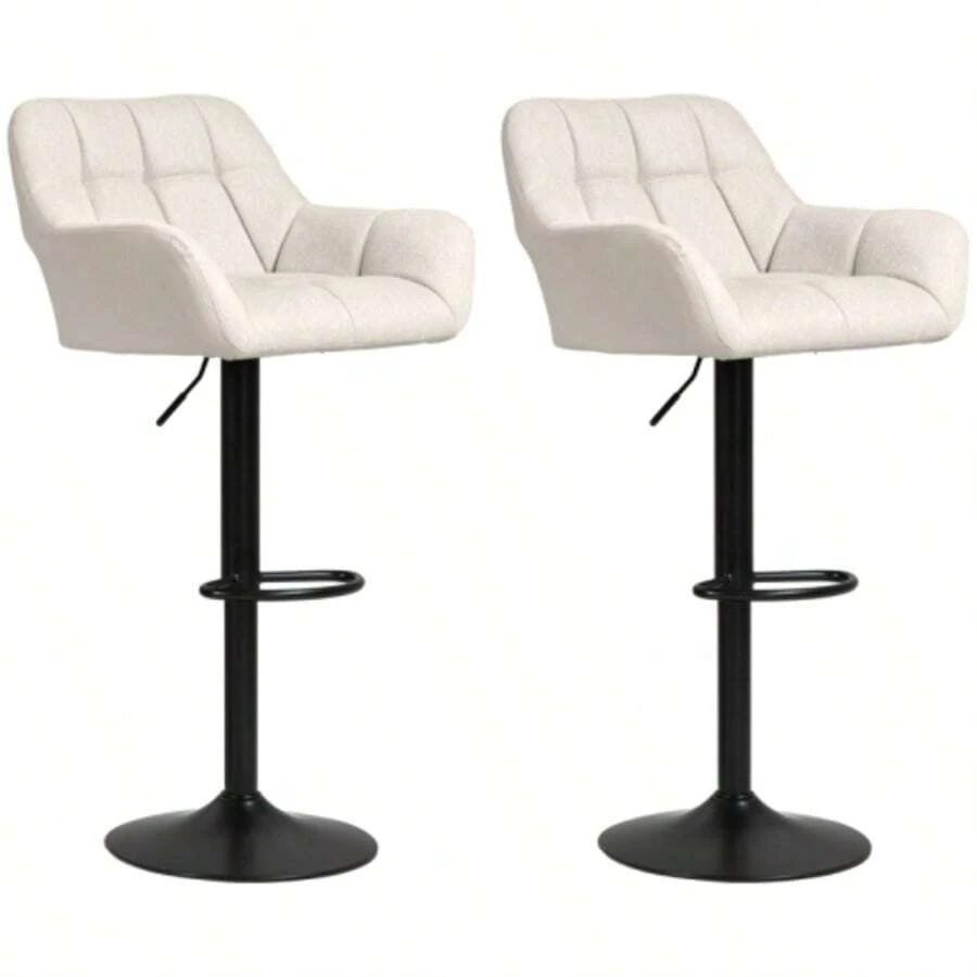 Set Of 2 Bar Stools, Retro Style, Adjustable Height, Linen-Look Faux Leather, Cream And Black - Apricot - View 1