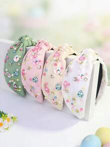 1件装女士复活节胡萝卜兔子水钻彩色珍珠休闲可爱涤纶打结发箍，春季 - 多 - 查看 10