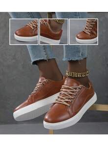 女士休闲运动鞋，时尚街头风白色鞋，轻便滑板鞋 - 鏽棕色 - 查看 7