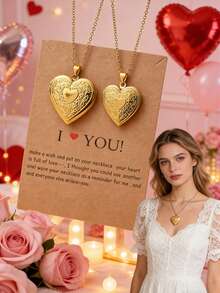 2pcs Fashionable 18K Gold Stainless Steel Hollow Heart & Tree Of Life Locket Pendant Necklace, Suitable For Valentine's Day Gift, Women's Daily Wear - Multicolor - View 4