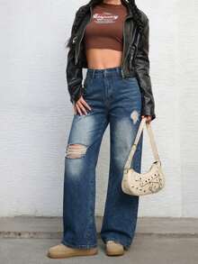 女士纽扣前袋经典宽松牛仔裤 - 霧霾藍 - 查看 4