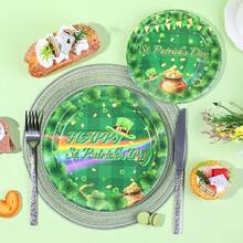 10pcs/20pcs/40pcs/50pcs,St. Patrick's Day 9inch And 7inch Paper Plates,St. Patrick's Day Disposable Paper Plates Set - Green Checkered With Clover, Rainbow & Pot Of Gold Design Plates For Irish Themed Party, Saint Patrick's Day Celebration & Lucky Tableware Supplies - Multicolor - View 6