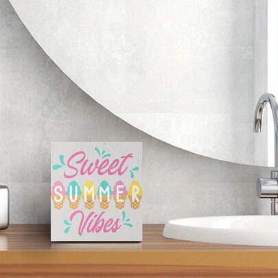 1pc 2D Flat Sweet Summer Vibes Ice Cream Wooden Box Sign - Rustic Farmhouse Desk Decor With Colorful Cone Design, 5x5 Inch Artificial Wood Tabletop Decoration For Home Office Bedroom Shelf, Office Decor, Playful Lettering, Vibrant Design