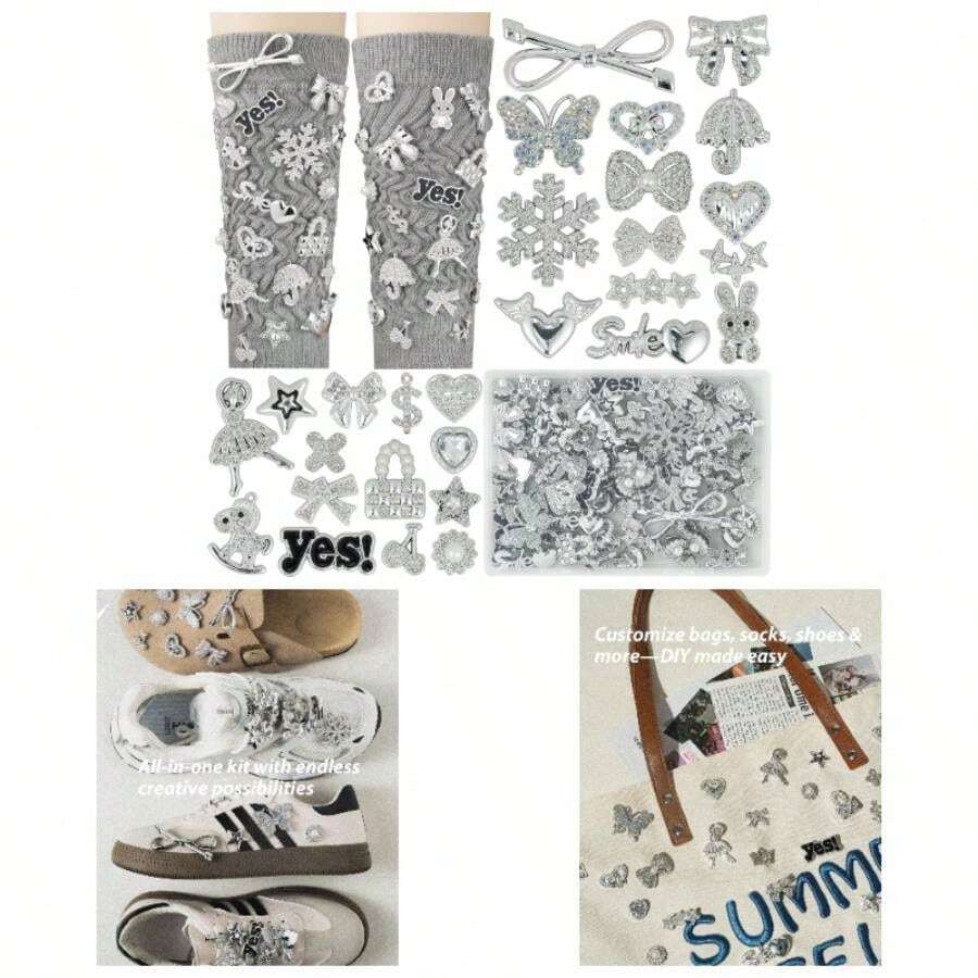 85 Pcs Junk Socks Charms Kit, Black And Red Charms Socks, Brooches And Pins Women, ShoeCharms With Bows, Sneakers Kit With Pearls Rhinestones Chains - Silver - View 1