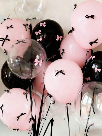 57/112pcs Black And Pink Bow Balloon Set, With Transparent Bobo Balloon, With Black And Pink Ribbon And Glue, Essential Decoration Props For Holiday Parties, Suitable For Birthday Parties, Anniversaries, Wedding Scene Decoration, Valentine's Day Gifts, Mother's Day Gifts