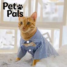 Striped Pattern Pet Shirt For Daily Wear With A Bow Tie Decoration In Spring And Summer - Blue - View 3