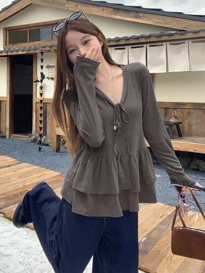 Solid Color Ruffle Trim Casual Versatile Tie V-Neck Long Sleeve T-Shirt Top