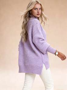 Women's Mock Neck Chunky Knit Sweater, Oversized Textured Multi-Color Pullover, Cozy & Stylish Spring Essential, Elegant Side Split Long Sleeve Jumper, Casual Spring Knit Top, Transitional Layer Piece, Perfect For New Year & Valentine's Day - 紫色(升級款) - 查看 3