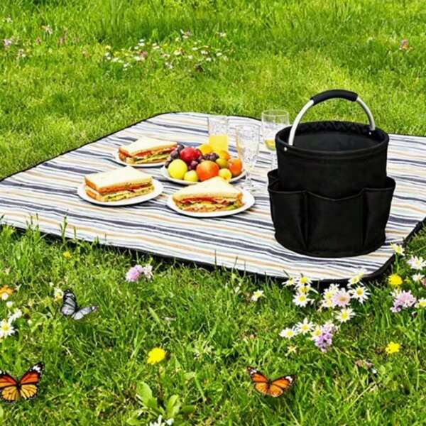 1pc Portable Foldable Picnic Basket With Handle - Durable Material, Suitable For Outdoor Beach, Camping And Home Use, Foldable Waterproof Storage Box, Stable Handle Shopping Basket, Outdoor Camping Picnic Basket, Beach Storage Basket, Portable Foldable Bathroom Toiletry Bag