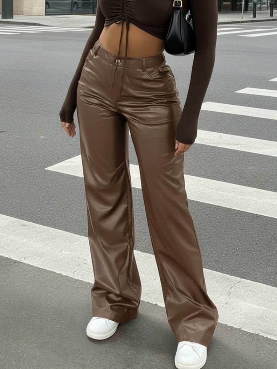 Spring American Baddie Street 亮面涂层直筒裤，女士高腰时尚休闲仿皮阔腿裤