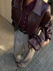 女款復古翻領長袖極簡PU夾克，寬鬆做舊皮革拉鍊外套，適合春秋季 - 酒紅色 - 查看 4