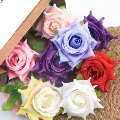 1朵露珠滴落花头，2.36英寸，五角玫瑰人造花，适合DIY家居装饰、婚礼装饰和新娘发饰（可多件购买）