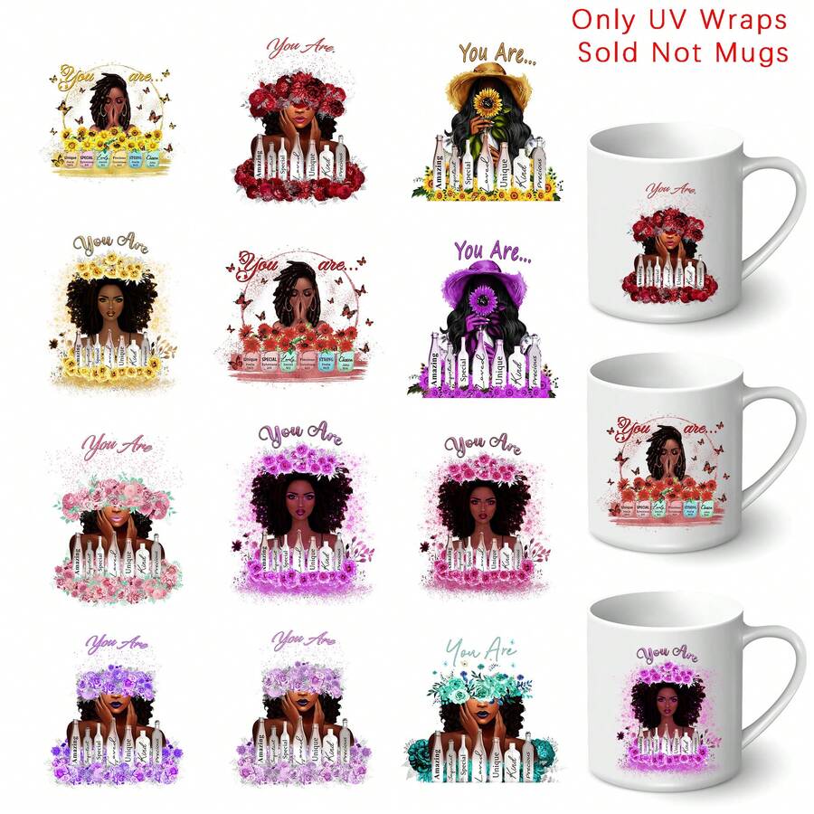 12pcs African Woman UV DTF Transfer Sticker And Decal- Waterproof And Scratch-Resistant, Black Queen Afro American Girl High-Quality Self-Adhesive Paper, Suitable For Mugs And Water Bottles. Laptops, Etc., DIY Art Supplies - Multicolor - View 1