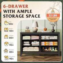 Black Dresser For Bedroom 6 Drawer Wood Dresser With Metal Handle Large Double Wooden Chest Of Drawers For Living Room Hallway Closet - Black - View 4