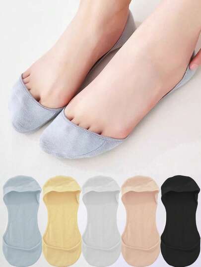 5 Pairs Women's Summer Thin Silicone Non-Slip Seamless Solid Color Boat Socks, Korean Style
