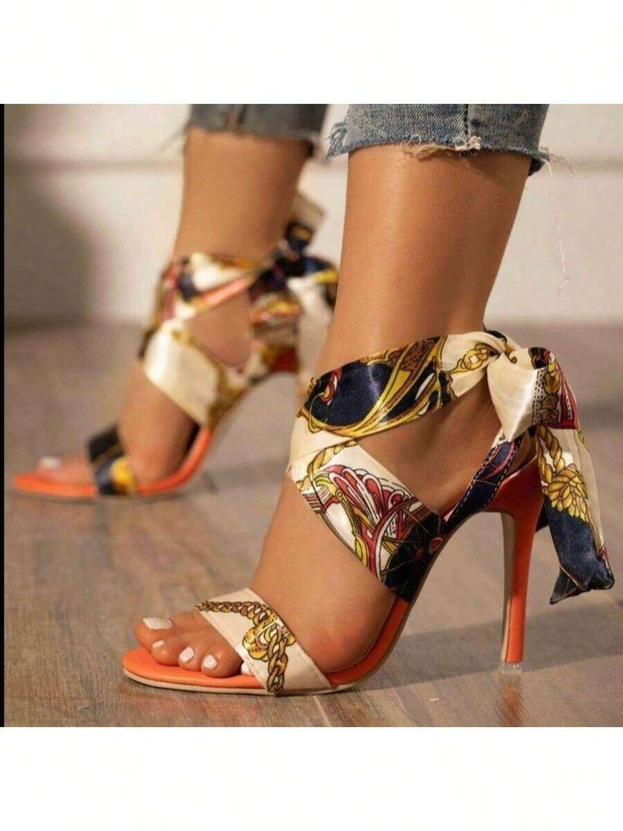 Women's Fashion Stiletto Heels Sandals, Fashionable Lace-Up Open-Toe Shoes, Versatile Formal High Heels - Flower - View 1