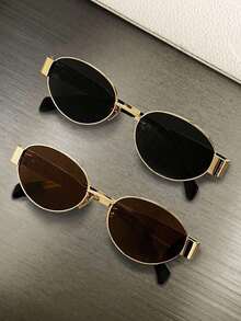 椭圆形个性化金属小圆时尚眼镜 - 黑色+茶色 - 查看 1