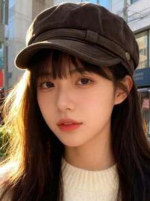 New Beret Hat, Autumn/Winter  Vintage Navy Style Hat, High-Quality Flat  Newsboy Cap, Women's Korean Versatile Solid Color Polyester Hat, Suitable Autumn/Winter Season - 有 - 查看 3