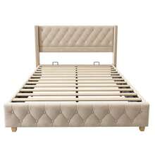 Bed With Storage Compartment And Drawers, Velvet Upholstery, Tufted Bed, Slatted Base, Double Bed, Large Storage Space - 米色 - 查看 6