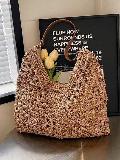 Large Capacity Portable Women's Woven Straw Shoulder Bag, Medium Handbag With Handle, Suitable For Beach Vacation, Teenagers, Women, College Students, Perfect For School, University, Outdoor Activities, Travel, Picnic, Shopping, Vacation, Summer Essential, Ideal For Vacation And Holidays, Portable Large Capacity, Suitable For Teenagers, Women, College Students, Also Suitable For Office, University, Middle School, High School, Work, Business, Commuting, Woven Bag