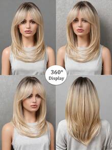 金色挑染刘海女士假发，耐热合成假发，适合初学者，优雅卷发造型，玫瑰网帽，适合日常佩戴，母亲节、生日礼物及派对场合，派对假发 | 挑染假发 | 耐热假发 - 彩色 - 查看 3