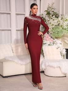 Modphy Elegant Party High Collar Pearl Mesh Patchwork Fitted Long Dress - Burgundy - View 6