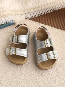 1 Pair Baby Girls Leopard Print Hook And Loop Sandals, Fashion Summer Toddler Shoes - Silver - View 3