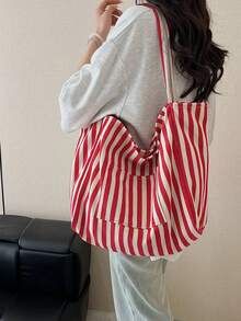 Retro Chic Striped Canvas Tote Bag, Korean Style, Casual Large Capacity Shoulder Bag For Women, Suitable For Travel And Vacation - Red - View 3
