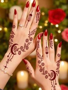 وشمات مؤقتة بنمط القمر والزهرة باللون البرغندي 2 قطعة - وشم فن الجسم من تصميم مانهايتي، مناسب للحفلات والمهرجانات - الأحمر - مشاهدة 3