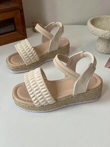 Girl's Hook And Loop Ankle-Strap Platform Sandals - Ruffled Upper & Woven Sole - Beige - View 7