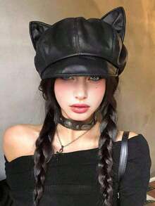 1pc Women's Solid Color PU Cat Ear Shaped Cosplay Beanie Hat, Casual Retro Street Fashion Versatile, Suitable For Outdoor, Skiing, Cycling, Travel, Party, Daily Use, Autumn/Winter - màu đen - Xem 1