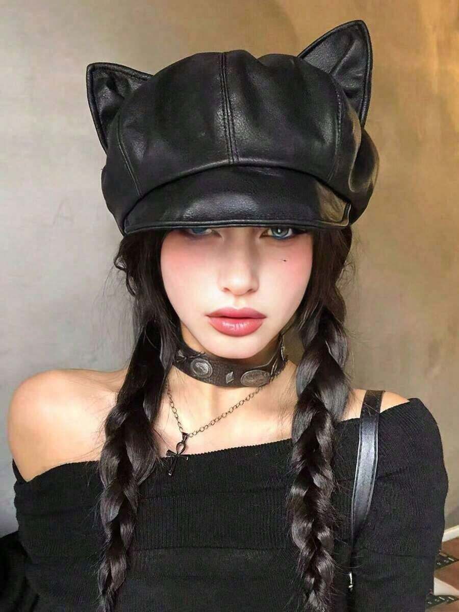 1pc Women's Solid Color PU Cat Ear Shaped Cosplay Beanie Hat, Casual Retro Street Fashion Versatile, Suitable For Outdoor, Skiing, Cycling, Travel, Party, Daily Use, Autumn/Winter - màu đen - Xem 1