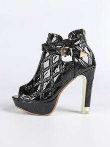 Black Peep-Toe Platform High Heel Pumps - Black - View 6